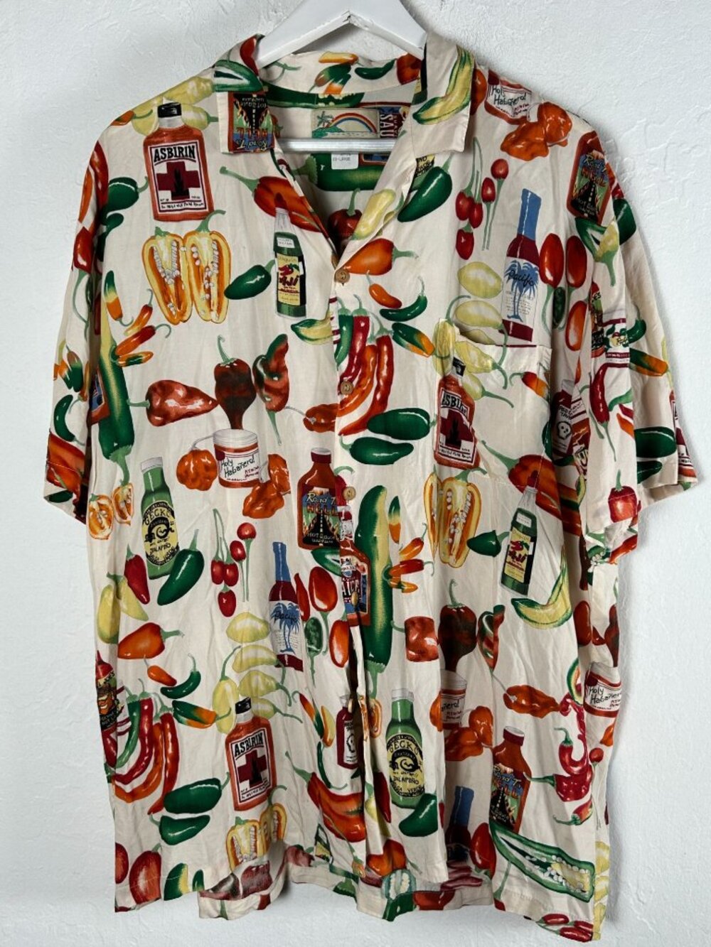 Paradise Found Camp Collar Cream Chili Pepper Hot Sauce Beach Hawaiian Shirt 2XL